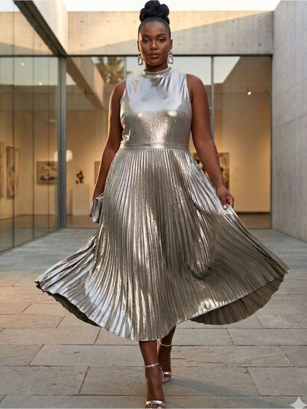 Ann Taylor Silver Metallic Lamé Accordion Pleated Mock Neck Midi Party Dress 18
